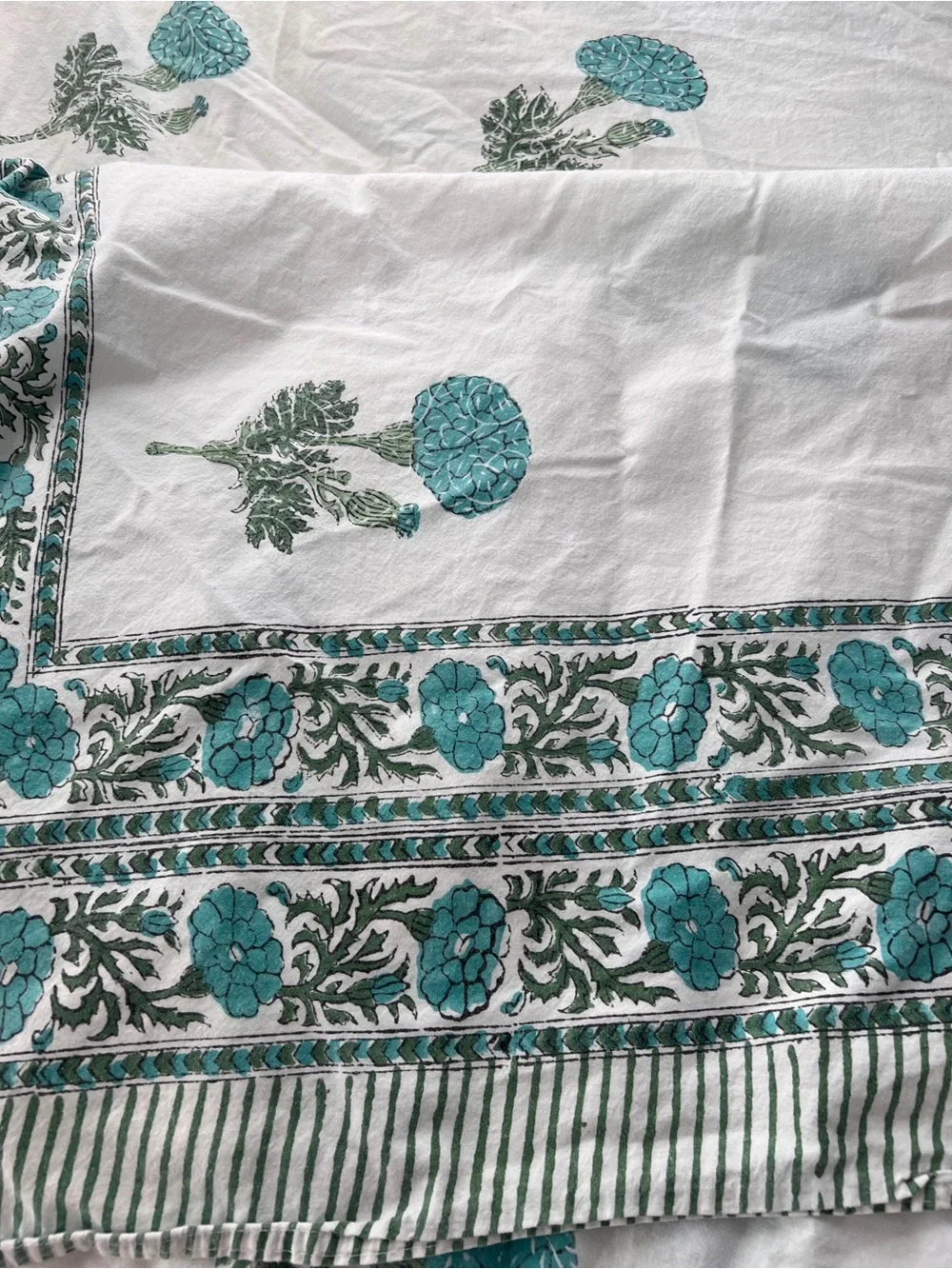 Block Print Cotton Coverlet Bedspread 108” x 98” White Turquoise Floral Marigold